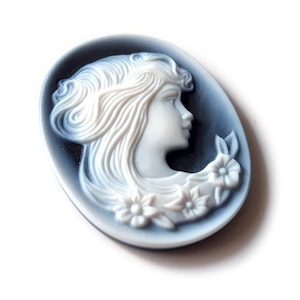 Blue Agate Stone Cameo: Long Hair Lady, Italian Jewelry