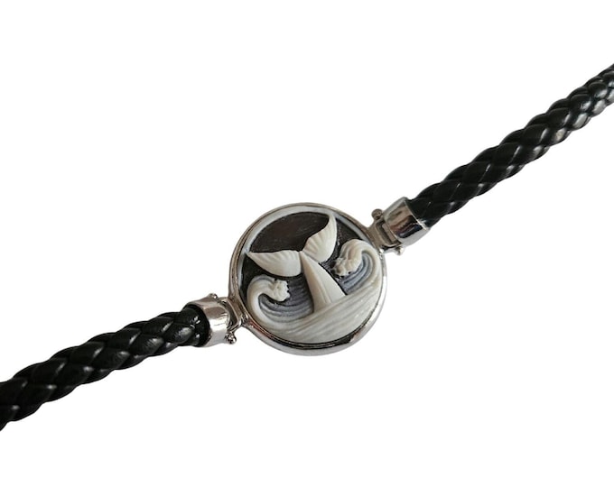 Whale Tail Cameo Bracelet: Hand Carved Sardonyx Shell, 925 Sterling Silver and Leather