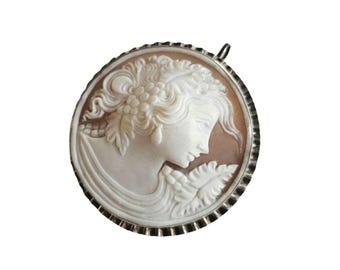 Sardonyx Shell Cameo Brooch Pendant: Sterling Silver Bacchante Maenad