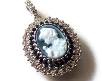 Blue Agate Cameo Pendant: Sterling Silver Zircon Lady Profile