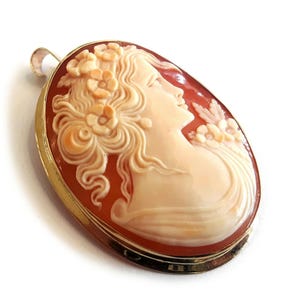 May include: A cameo pendant featuring a woman's profile carved in shell, with a floral design. The cameo is set in a gold tone oval frame.