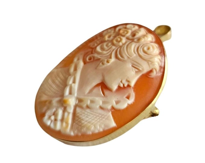 Victorian Carnelian Shell Cameo Brooch Pendant: 9kt Gold Donadio Italian Jewelry
