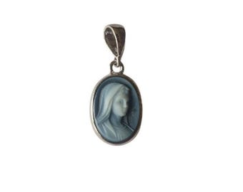 Blue Agate Cameo Pendant: Sterling Silver Madonna, Italian Jewelry