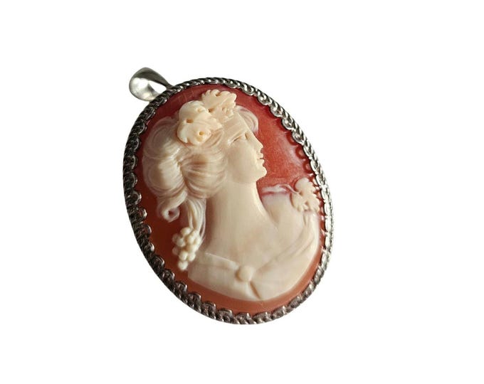 Carnelian Shell Cameo Brooch Pendant: Sterling Silver Bacchante Profile