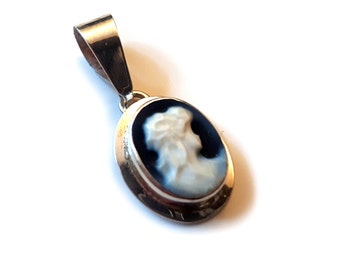 Blue Agate Cameo Pendant: Sterling Silver Lady Profile, Italian Jewelry