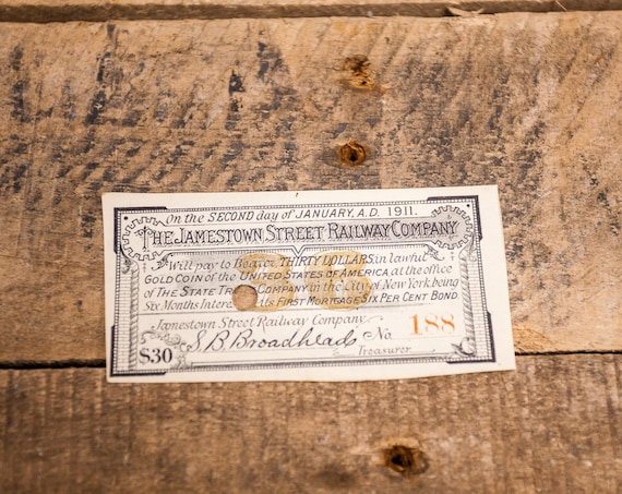 Vintage 1911 The Jamestown Street Railroad Co. Stock Bond Ephemera