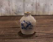 Vintage Pottery Jug Waves Fish Stoneware Glazed Blue Salt Glaze Country Kitchen Farm Decor
