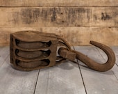 Vintage Triple Pulley Rusty Primitive Barn Pulley Hook Architectural Salvage Industrial