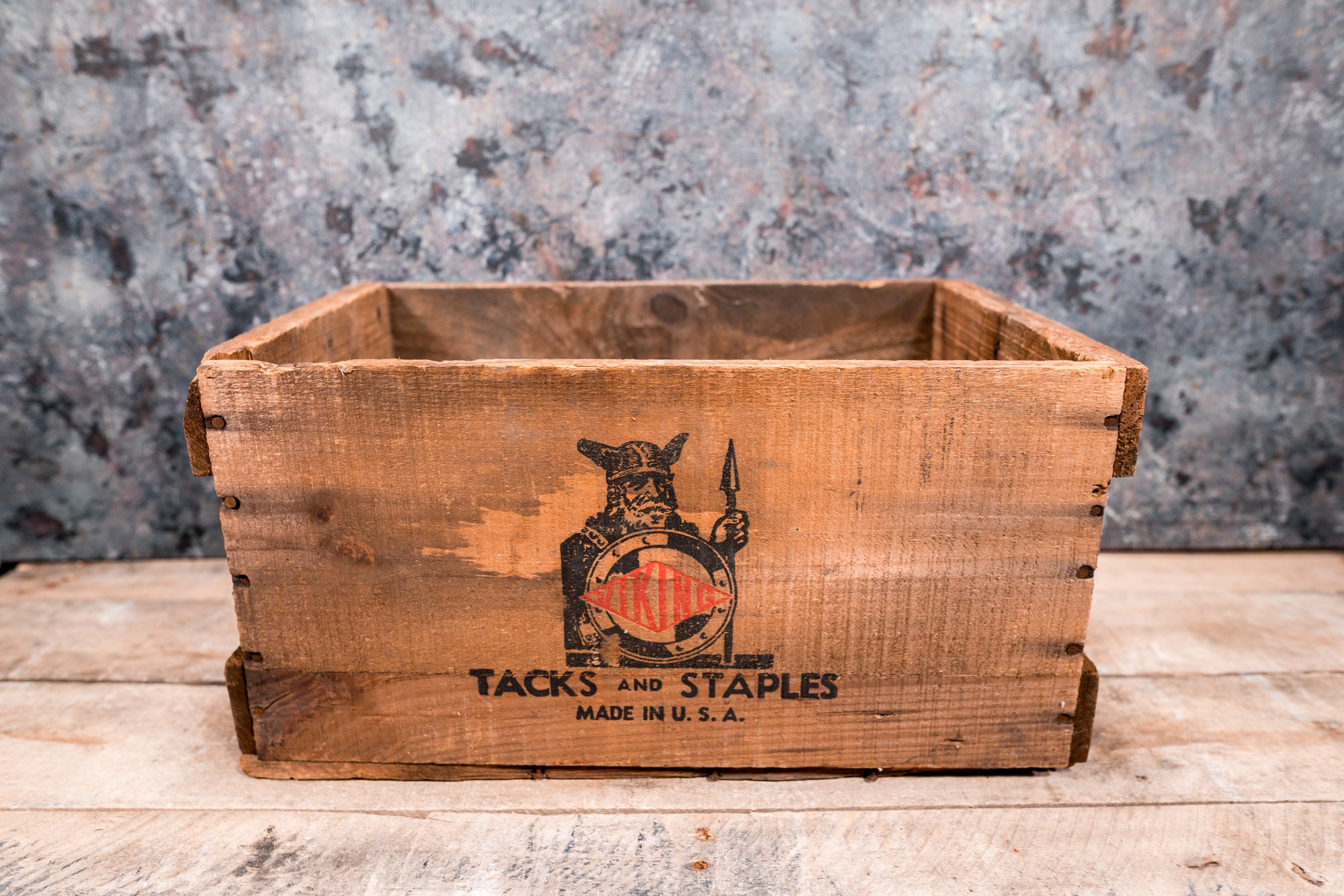 Vintage Rare Viking Tacks and Staples Wooden Crate Box Storage Man Cave