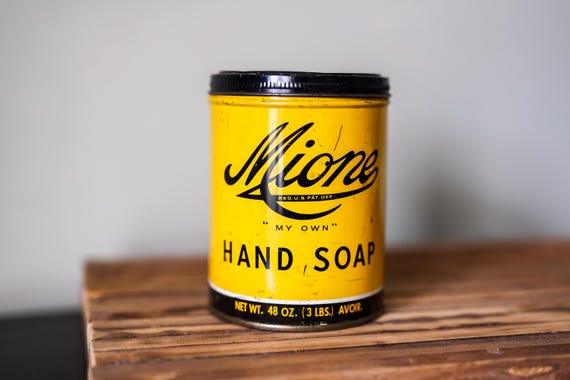 Vintage Mione Hand Soap Advertising Tin Yellow Industrial Bathroom Decor