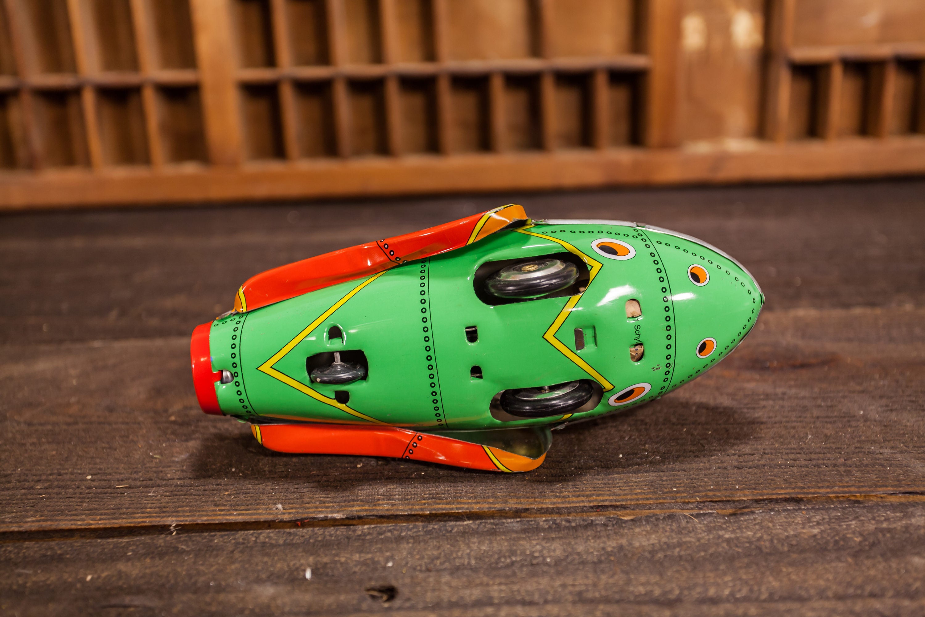 Vintage Rocket Racer Tin Toy Collectible Toy Display Playroom Nursery Man Cave Red Green Yellow