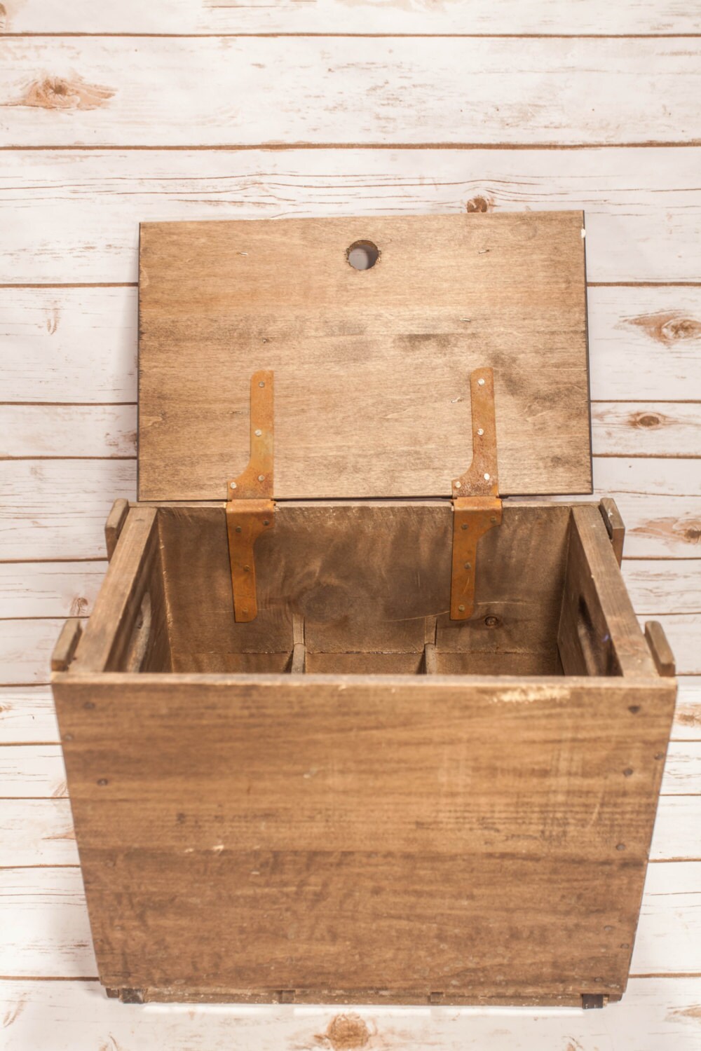 Vintage Seltzer Water Bottle Wooden Crate Metal Hinges Rustic Storage Dividers Wine Bottle Man