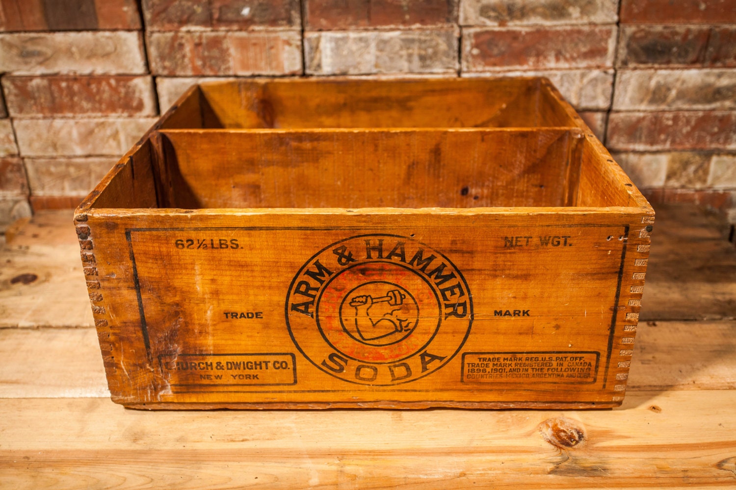Vintage 1930s Arm & Hammer Soda Dovetailed Wood Crate Box Storage Black