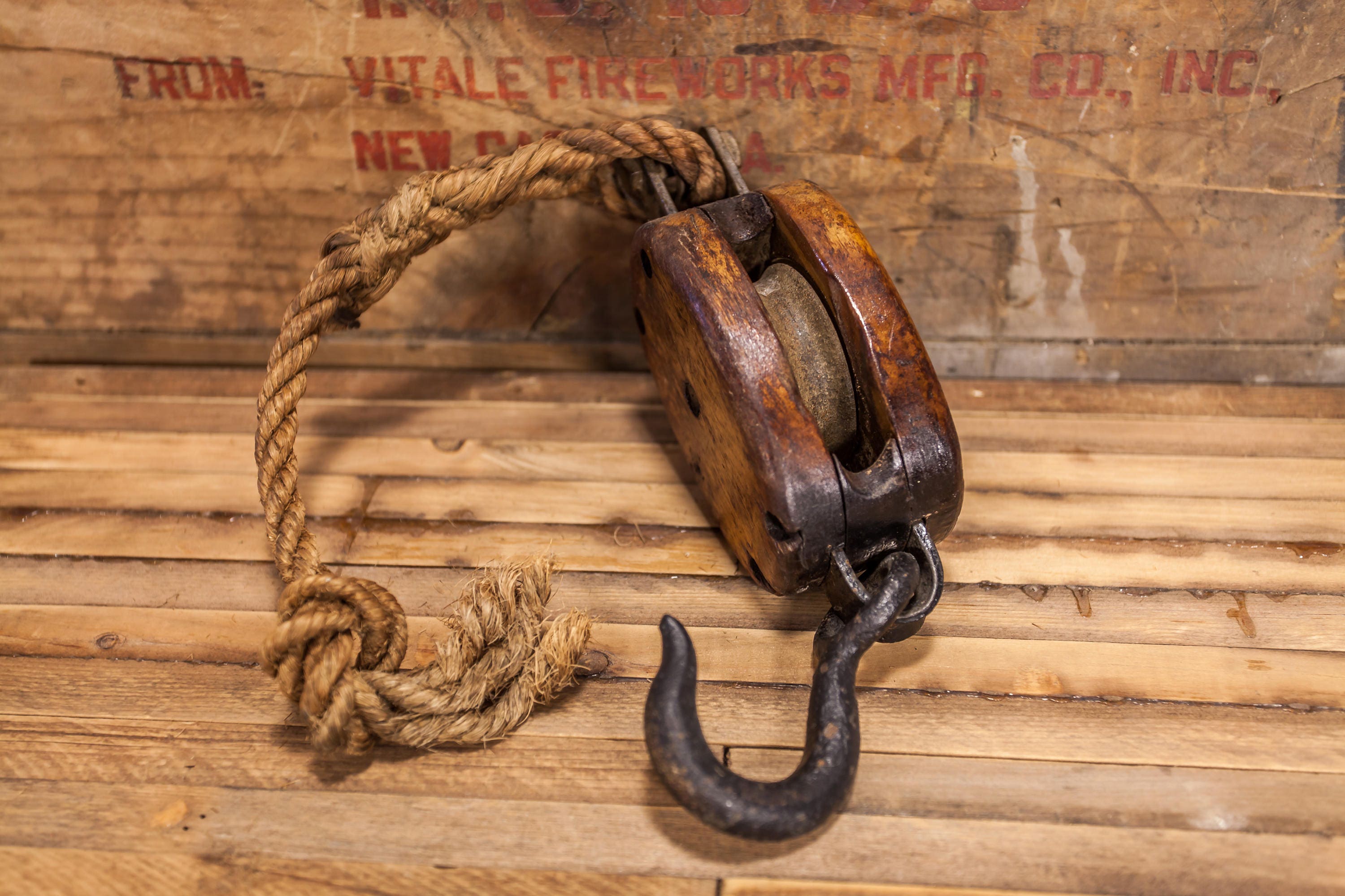 Vintage Wooden Pulley Rustic Primitive Barn Pulley Iron Hook Block
