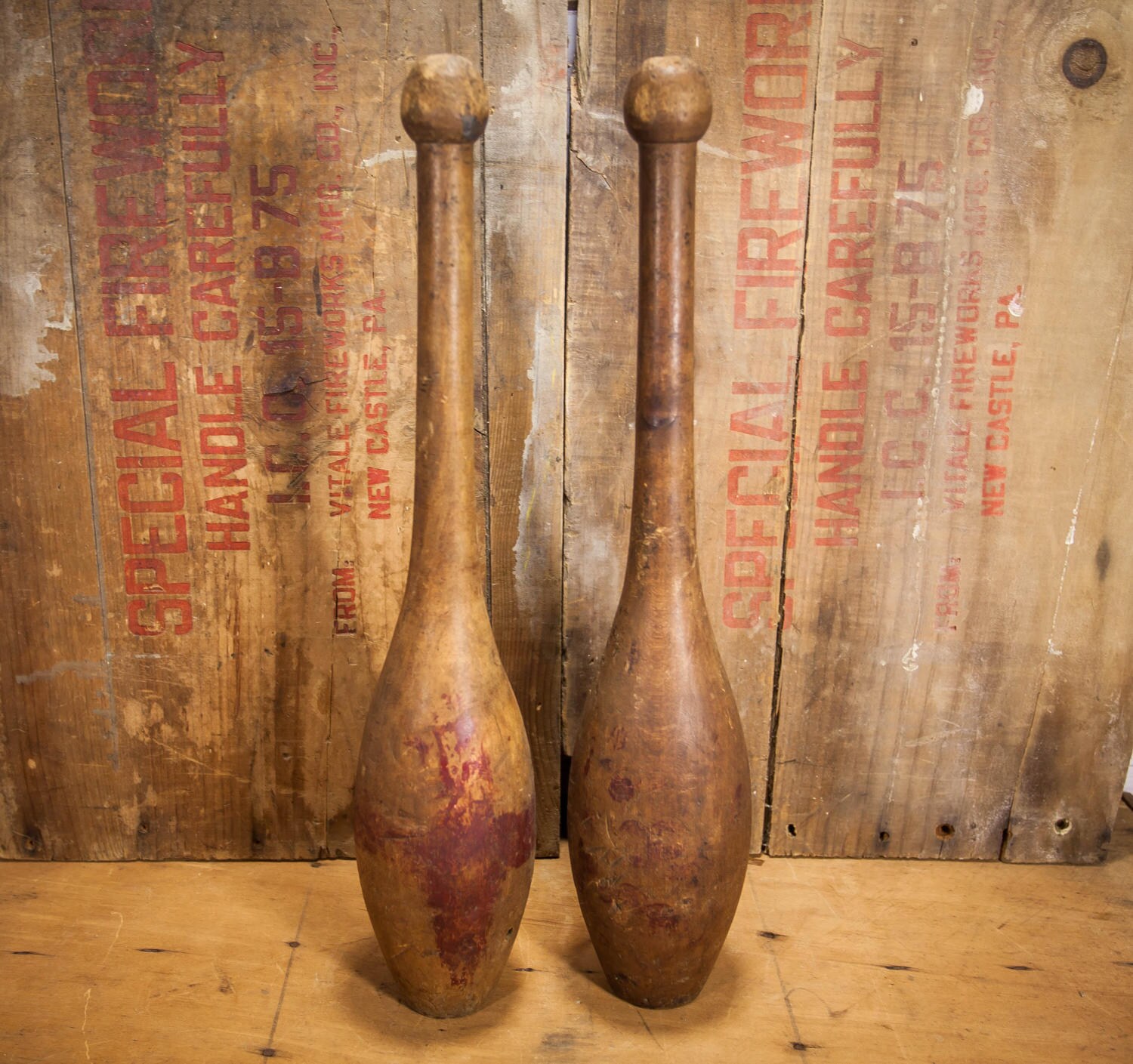 Antique Wooden Juggling Pins Set Large Distressed Patina Red Indian