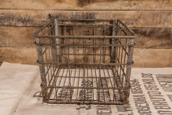 Vintage Key Harmony Dairy Metal Wire Milk Crate Box Metal Bin Rustic Industrial Primitive Carrier