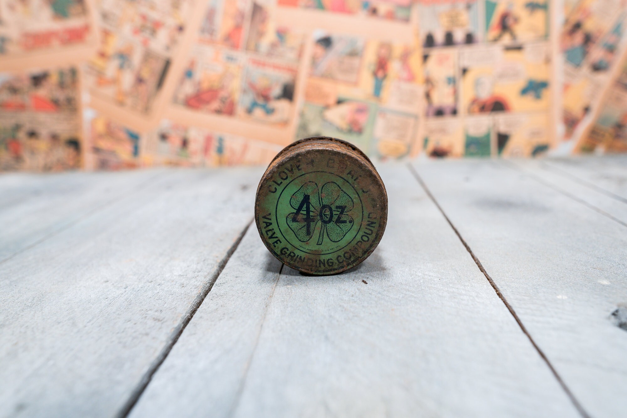 Vintage Clover Brand Tin Valve Grinding Compound Tin Advertising Green