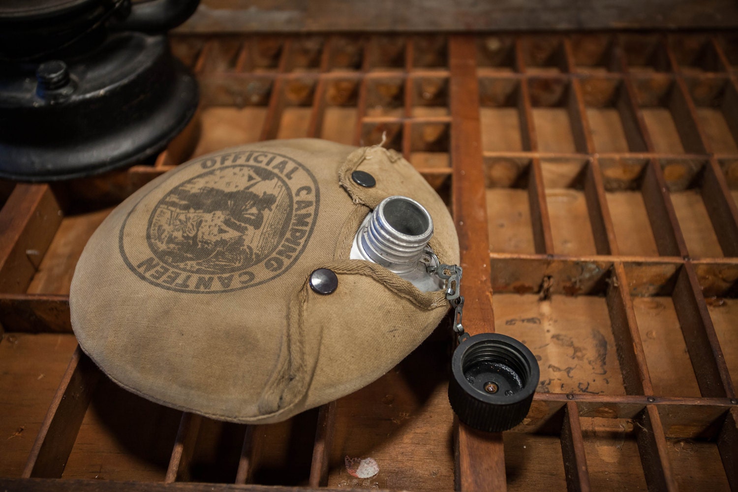 Vintage Official Camping Canteen Aluminum Tan Cover Outdoor Camping