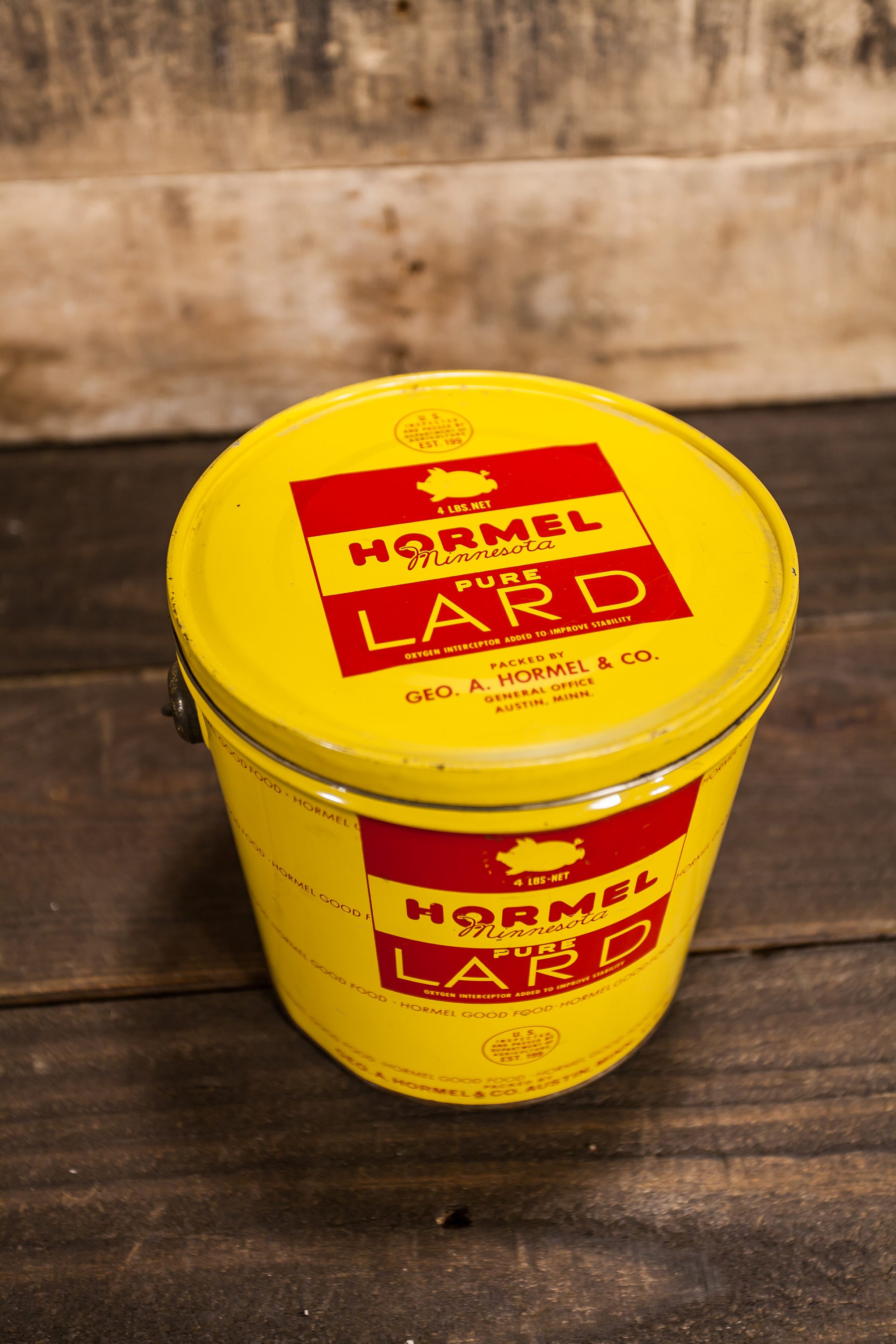 Vintage Hormel Pure Lard 4lbs Tin Red Yellow Kitchen Country Decor Advertising Container Storage