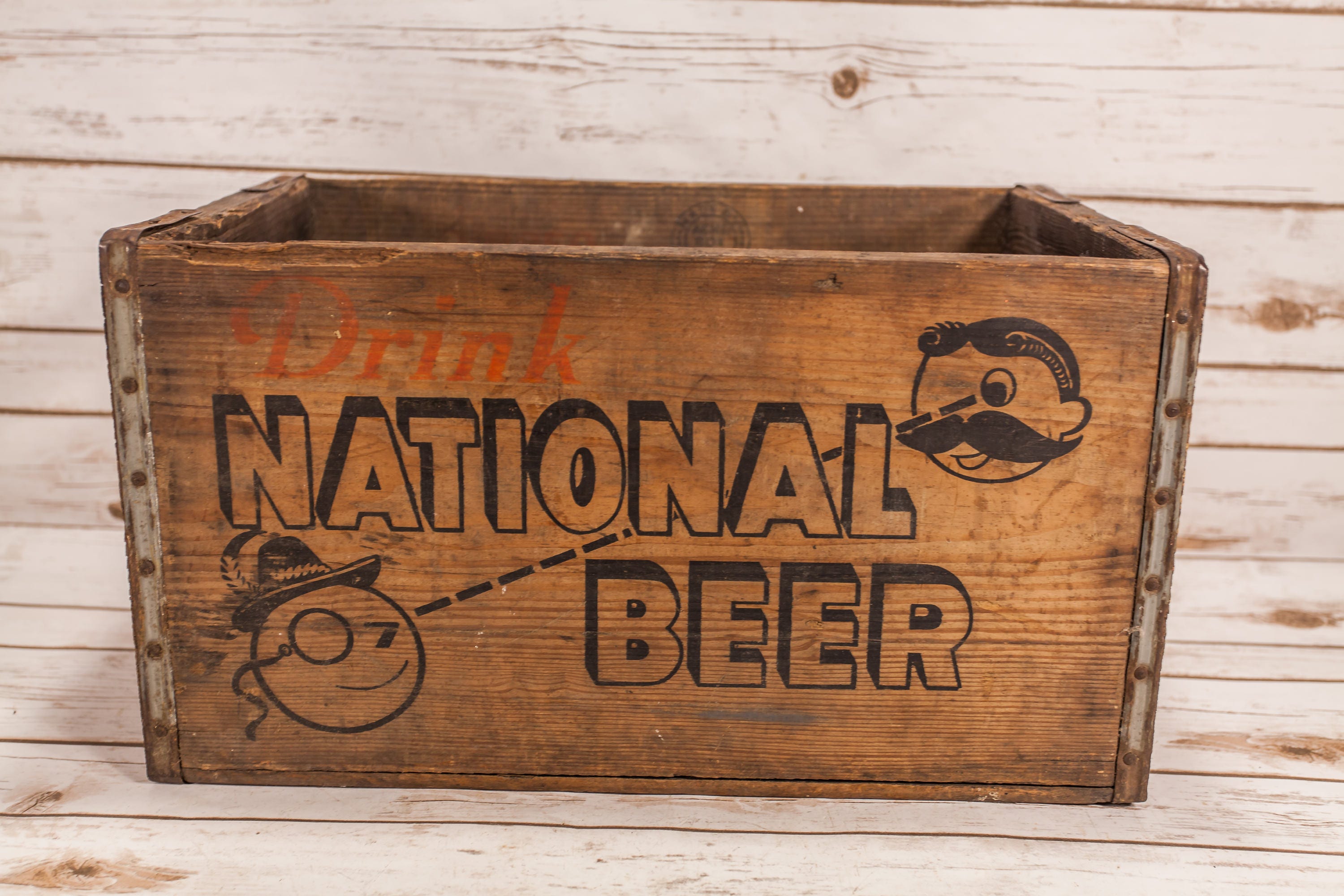 Vintage National Beer Wooden Crate Box Metal Rustic Carrier Black Red