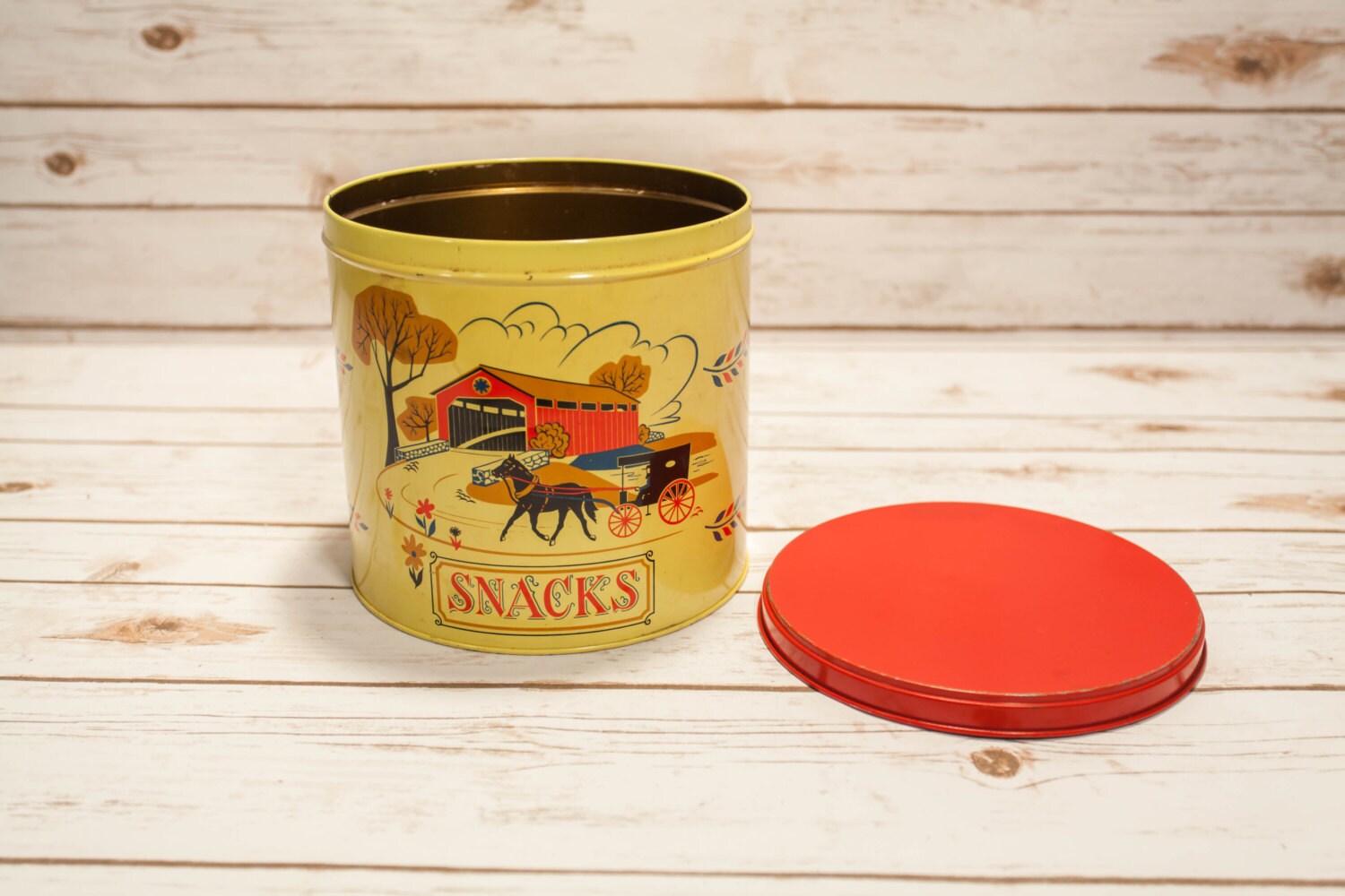 Vintage Snacks Tin Pennsylvania Dutch Amish Kitchen Decor Country Decor