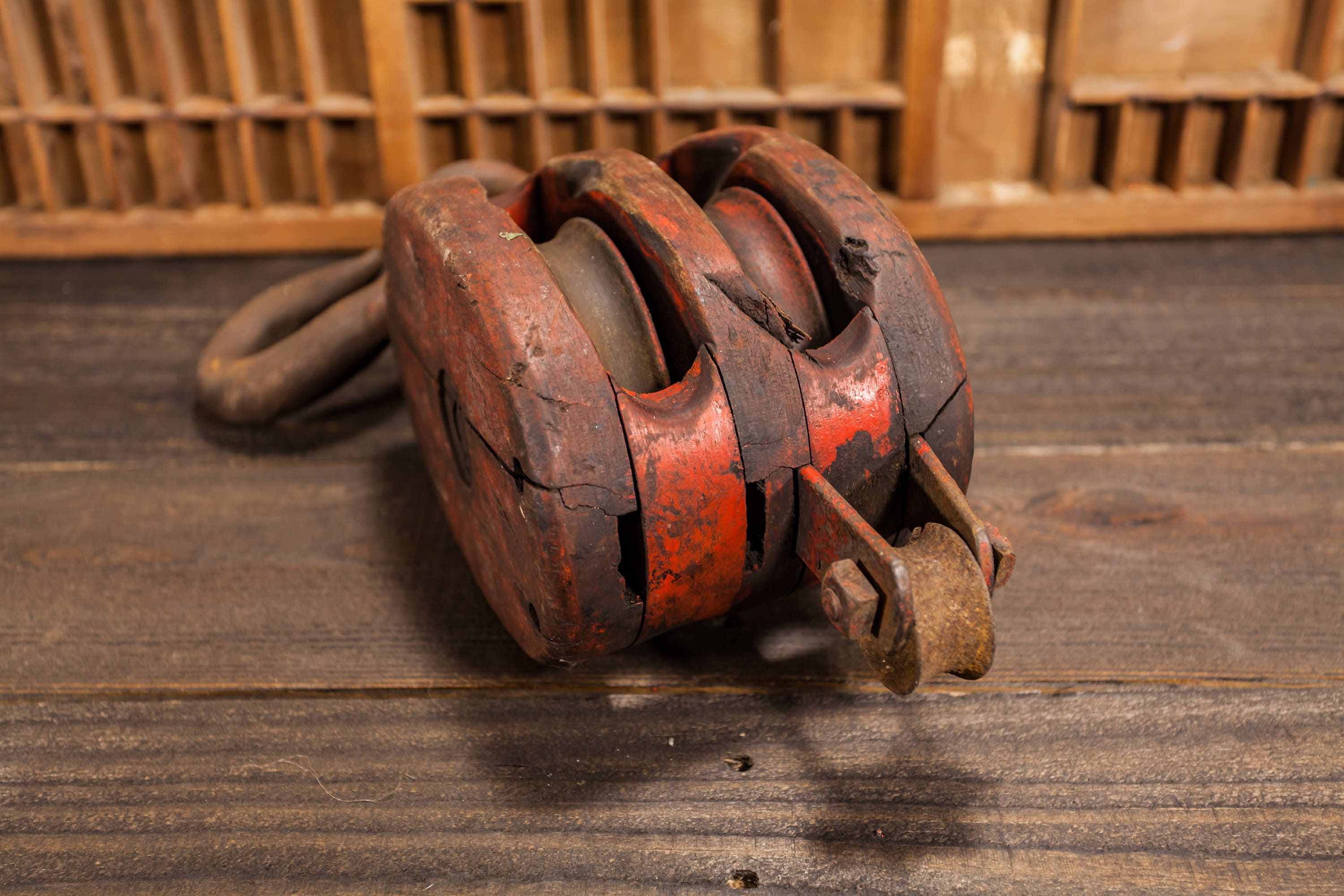 Vintage Large Double Wooden Red Pulley Rustic Primitive Barn Pulley