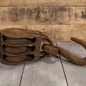 Vintage Triple Pulley Rusty Primitive Barn Pulley Hook Architectural Salvage Industrial