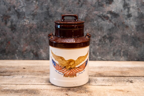 Vintage Bicentennial Eagle USA Pottery Cookie Jar Glazed Ceramic Storage Container Kitchen Decor Farmhouse Country