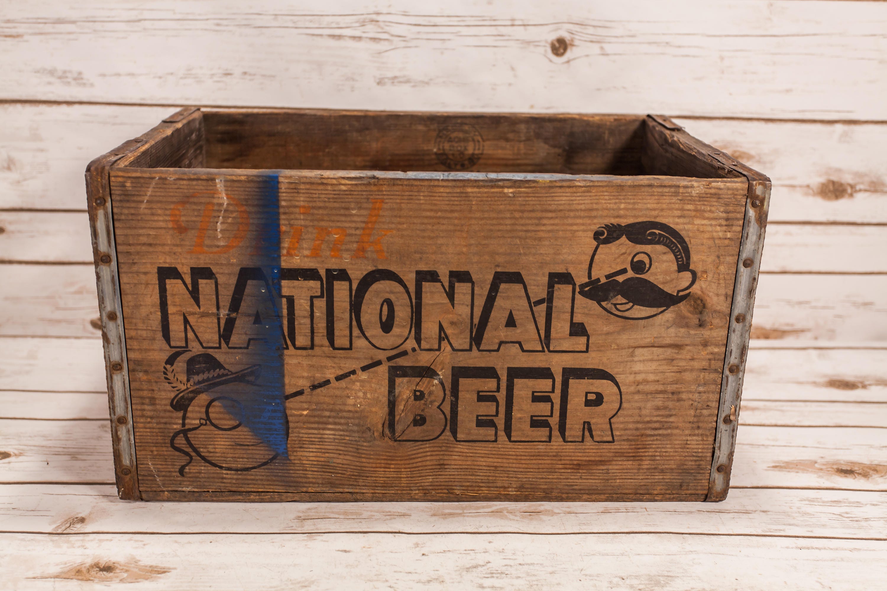 Vintage National Beer Wooden Crate Box Metal Rustic Carrier Black Red