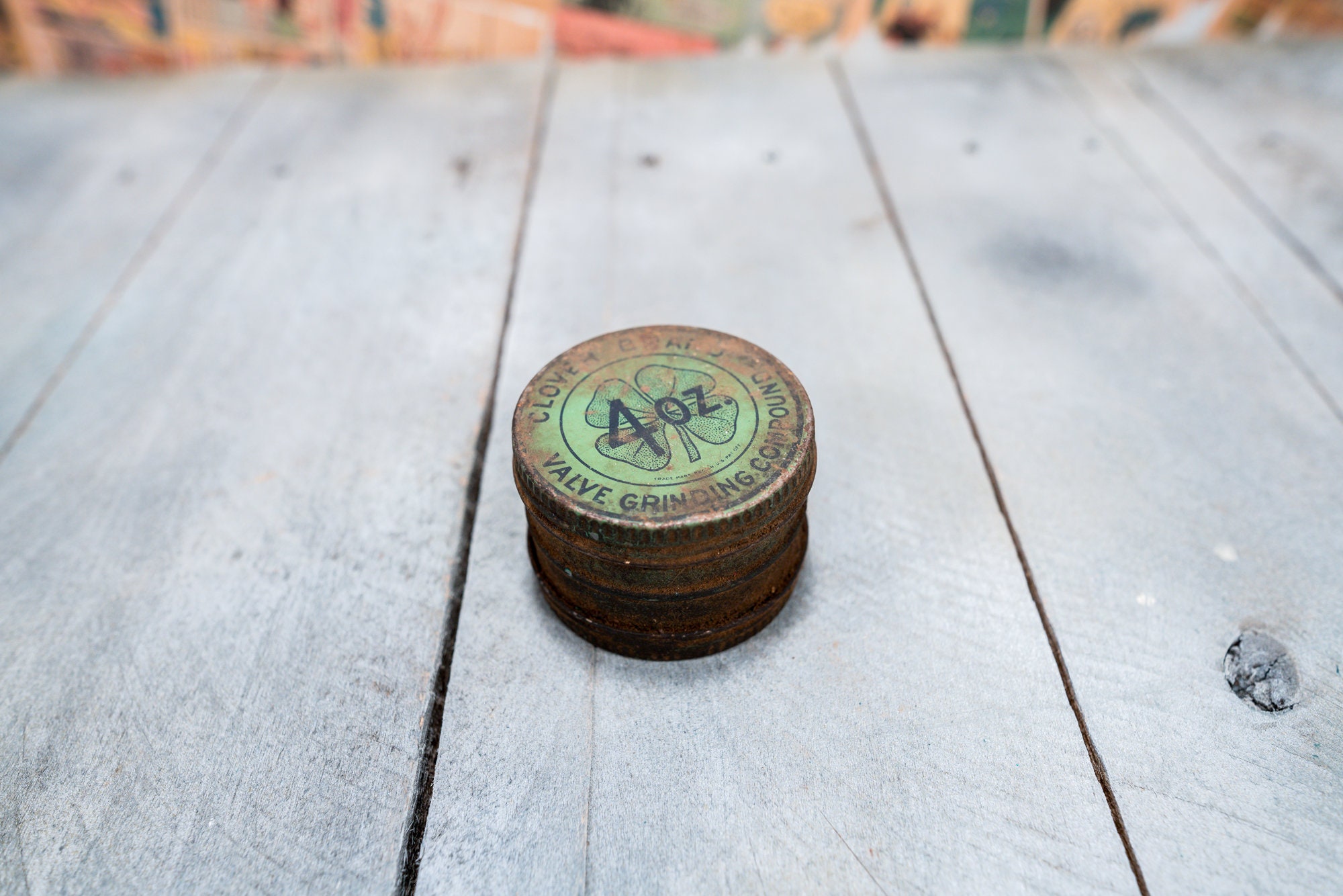 Vintage Clover Brand Tin Valve Grinding Compound Tin Advertising Green