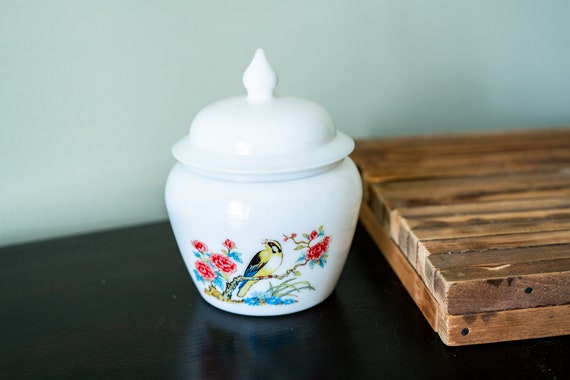 Vintage Avon Milk Glass Jar With Lid Floral Bird Ginger Jar Home Decor