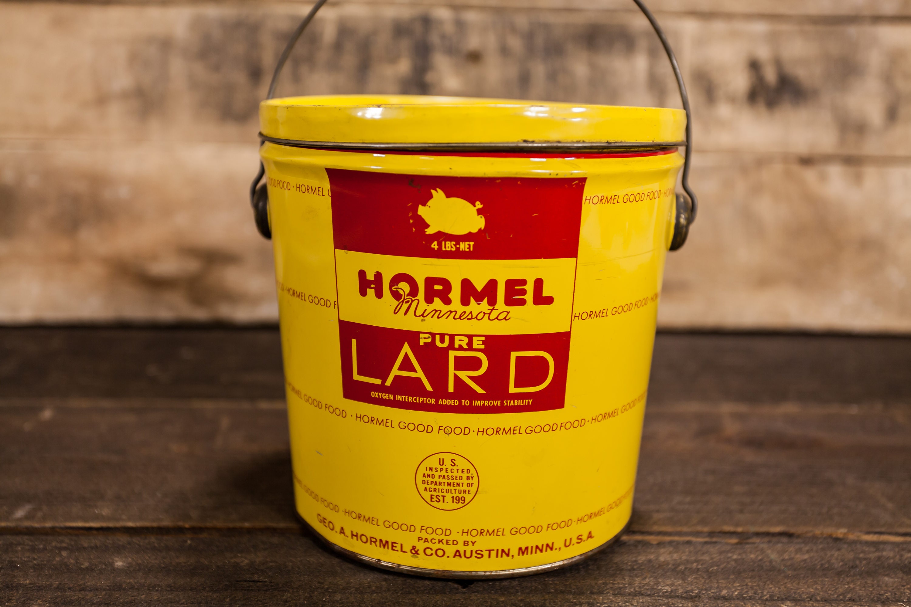 Vintage Hormel Pure Lard 4lbs Tin Red Yellow Kitchen Country Decor Advertising Container Storage