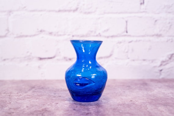 Vintage Cobalt Blue Crackle Glass Vase Handblown Home Decor