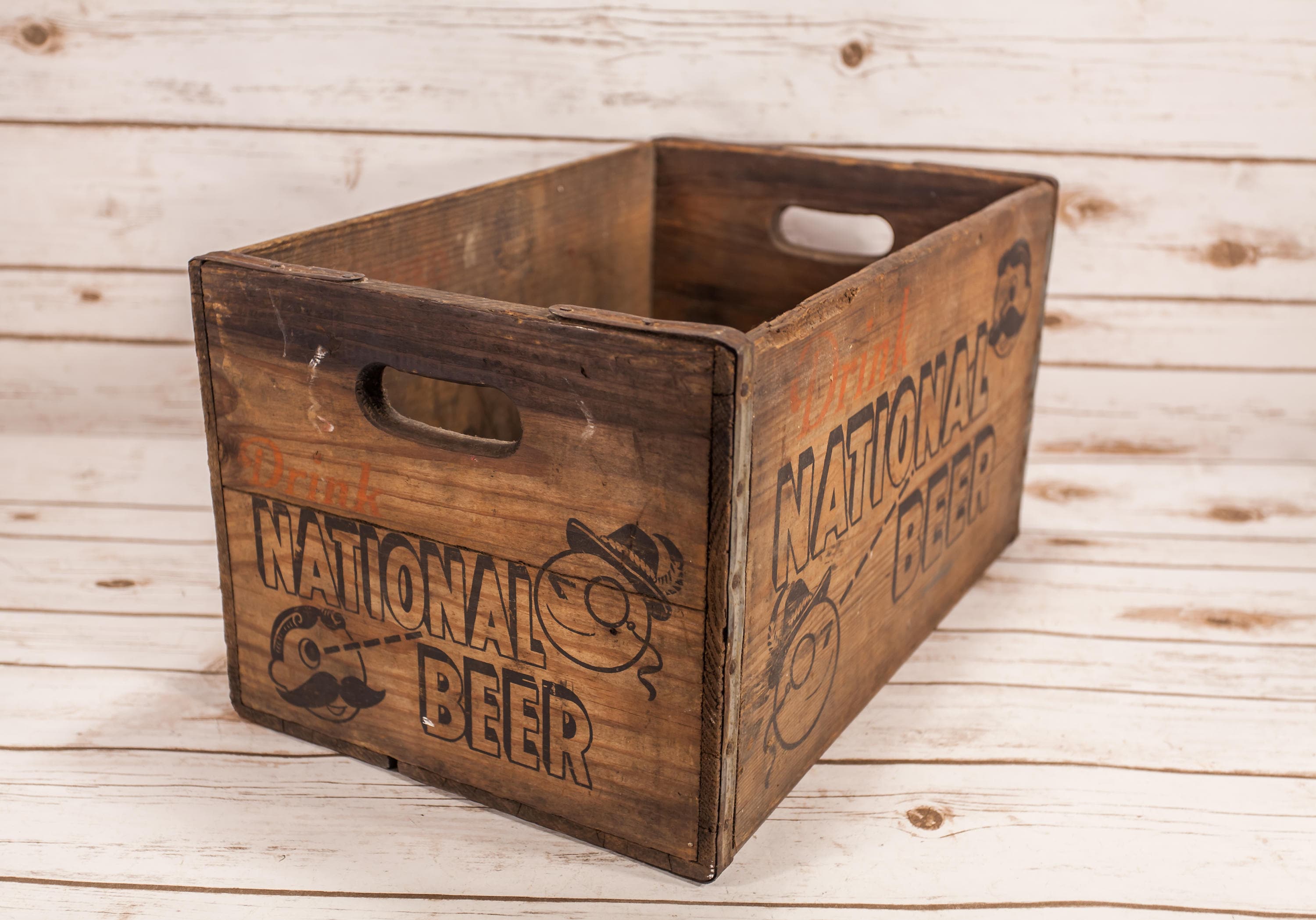 Vintage National Beer Wooden Crate Box Metal Rustic Carrier Black Red