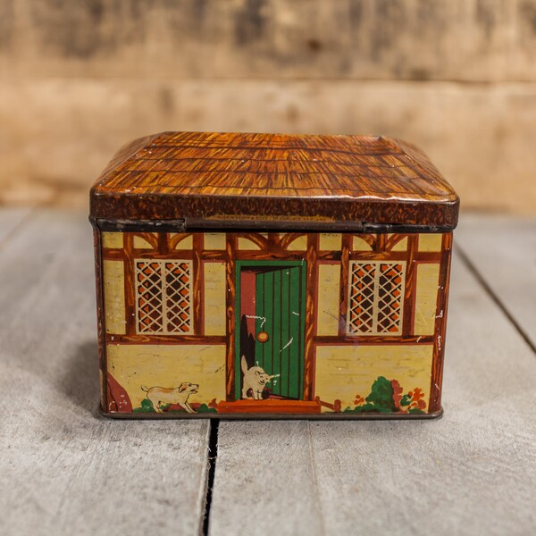 Vintage 1920s Cottage House Shaped Tin Dog Cat Box Hudson Scott & Sons England Collectable Tin