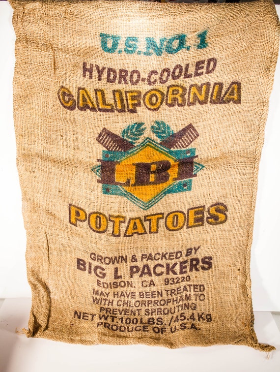 Vintage 1950s Burlap California LBI Potato Sac, Rustic Primitive Farming Teal Blue Black Yellow Advertising Burlap Sac