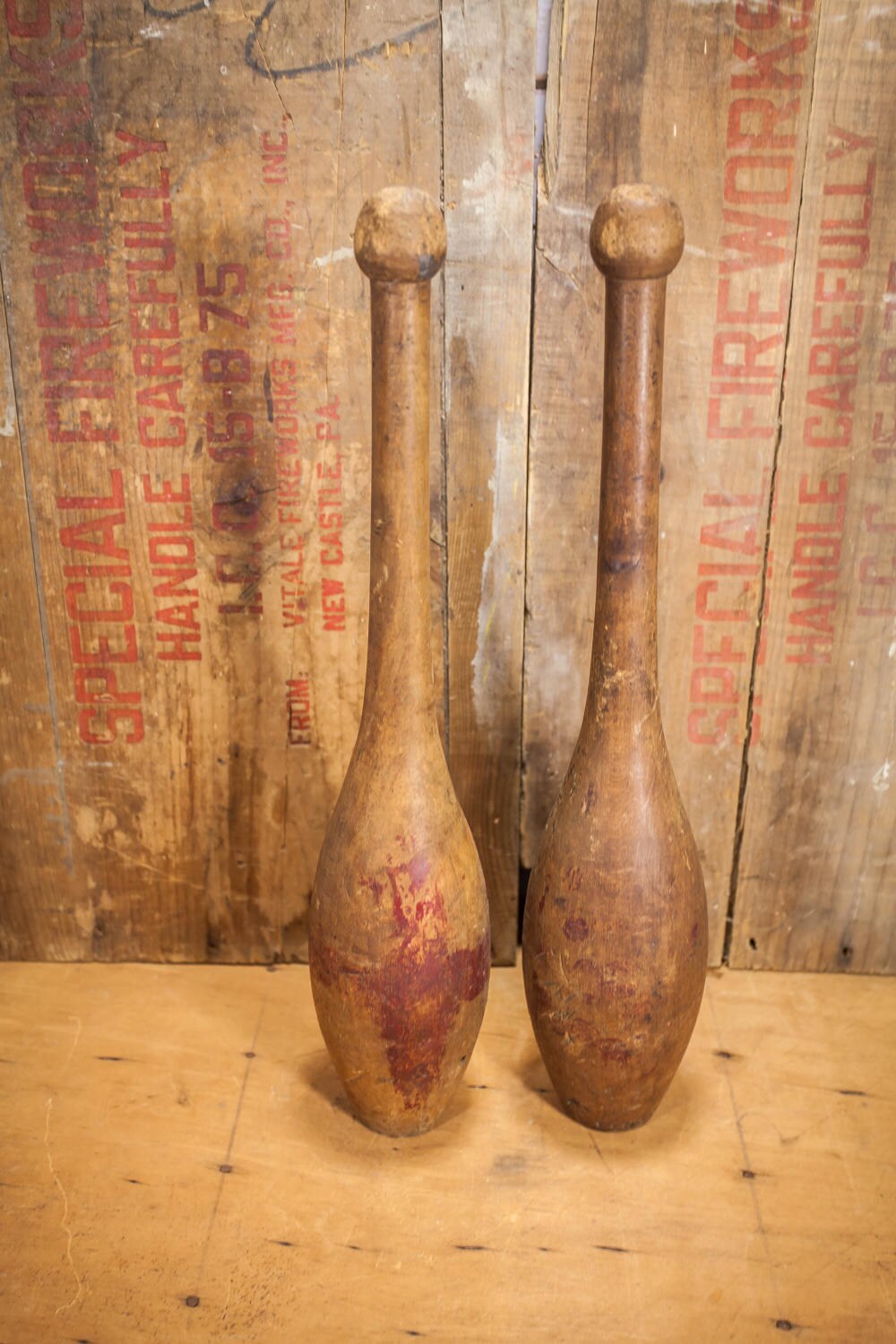 Antique Wooden Juggling Pins Set Large Distressed Patina Red Indian