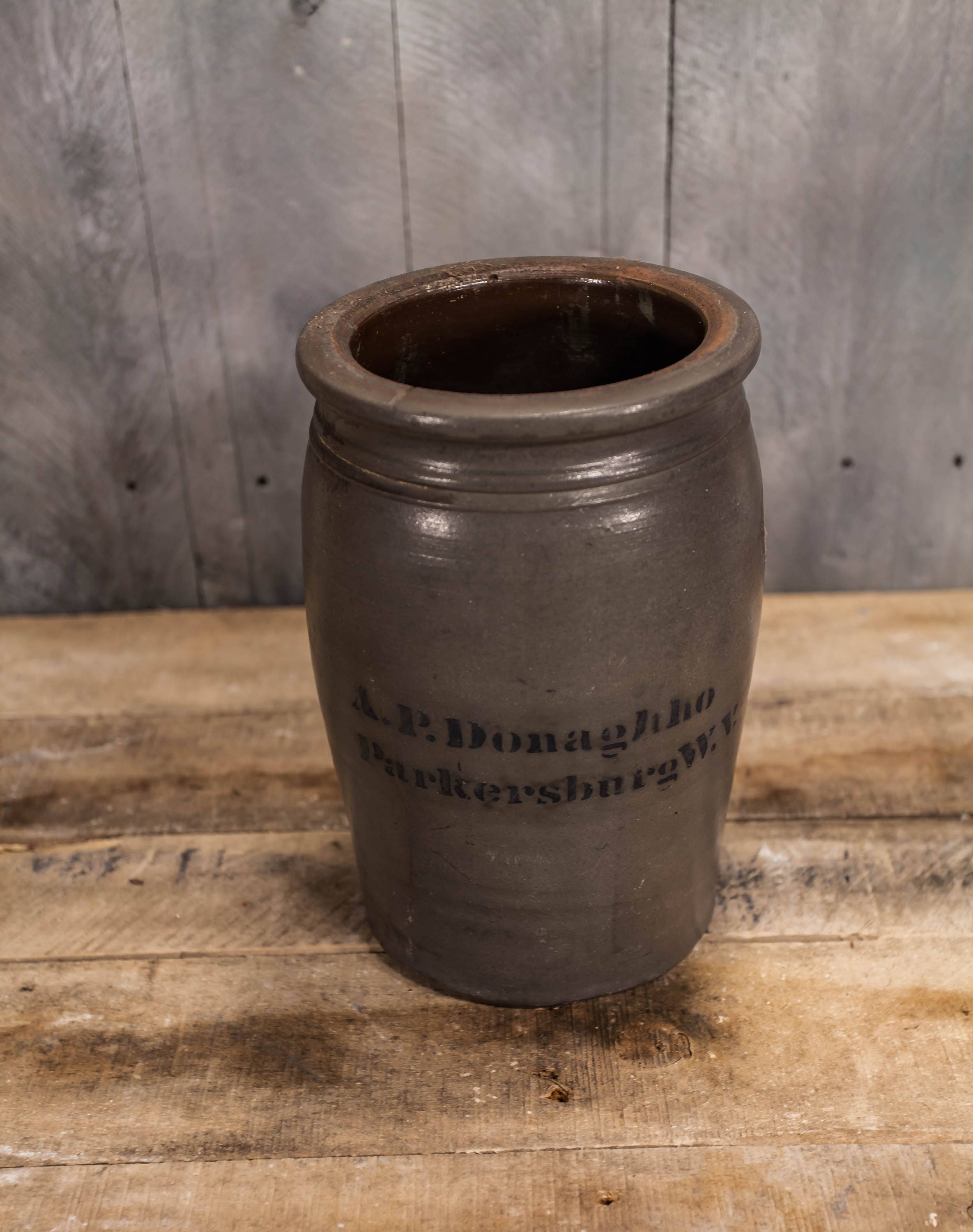 Antique A. P. Donaghho Parkersburg, West Virginia Stoneware Crock Gray