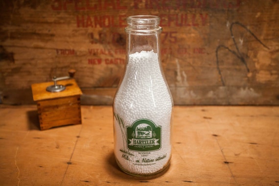 Vintage Hartzler Family Dairy Glass Milk Bottle, Wooster Ohio Green Advertising Cow Farm Milk Bottle