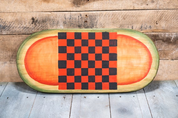 Vintage Hand Painted Wooden Checkers Board Watermelon Board Folk Art Farmhouse Country