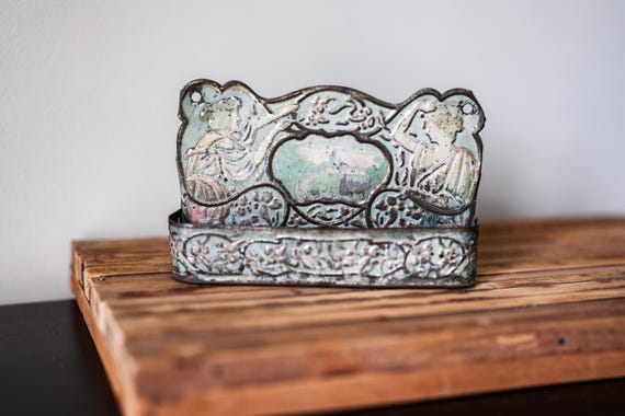 Victorian Comb Brush Holder Embossed Tin Metal Wall-Mount Art Nouveau Victorian Decor Vanity