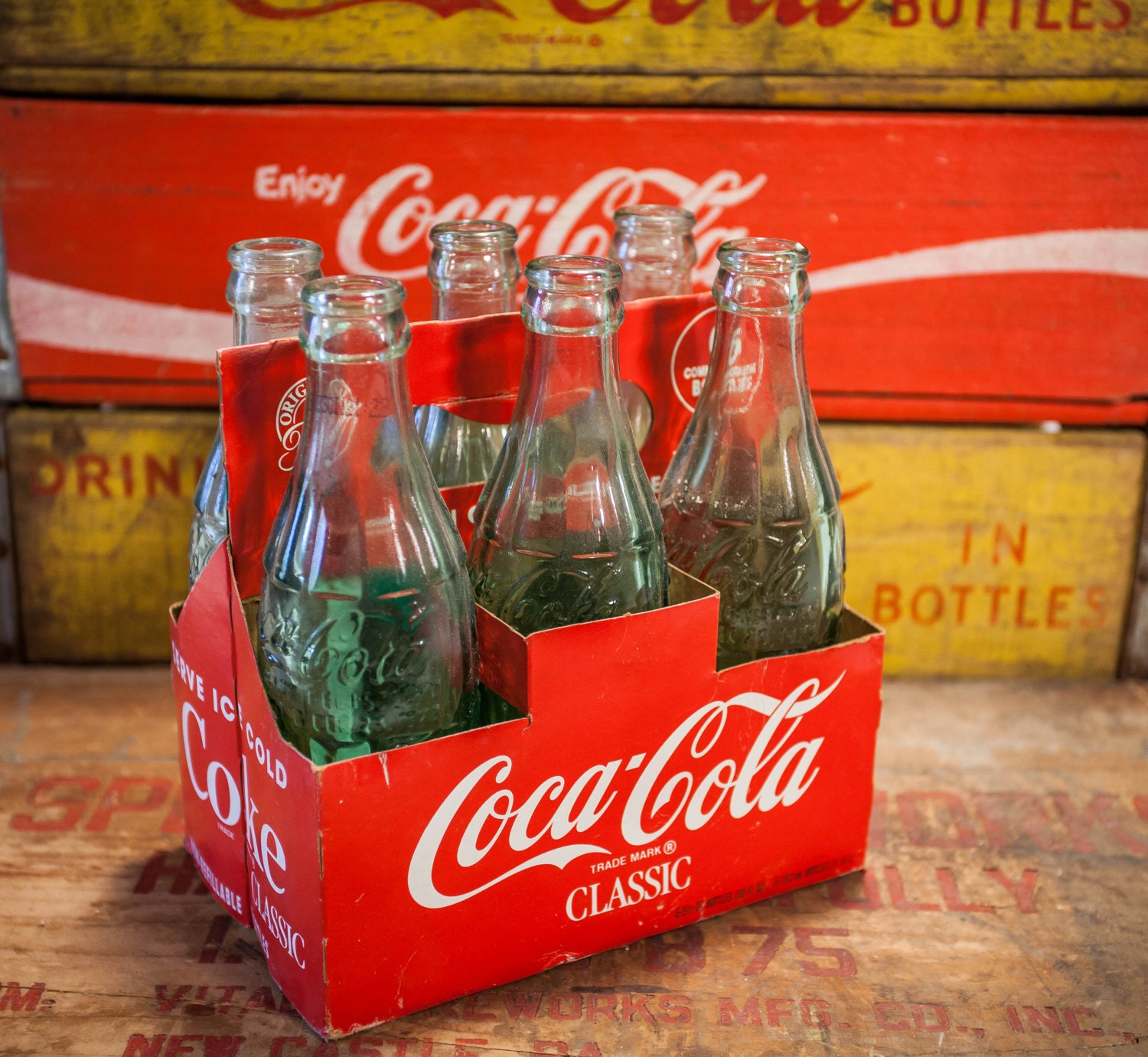 Vintage 1980s Coca Cola Christmas 6 Pack Glass Bottles Original Box 