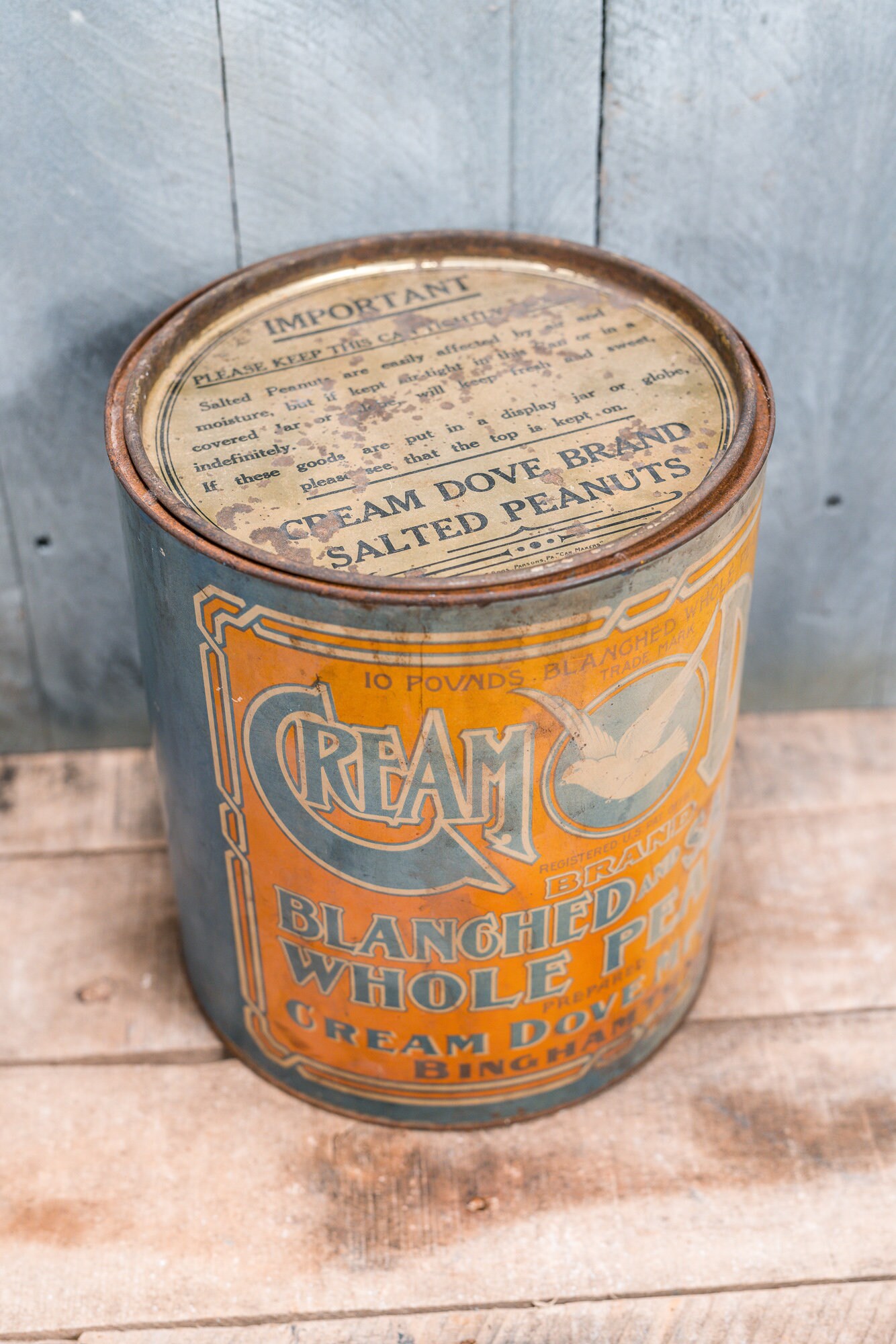 Vintage Rare Cream Dove Peanuts Tin 10lb Cream Dove Mfg Co Binghamton vintage-rare-cream-dove-peanuts-tin-10lb-cream-dove-mfg-co-binghamton