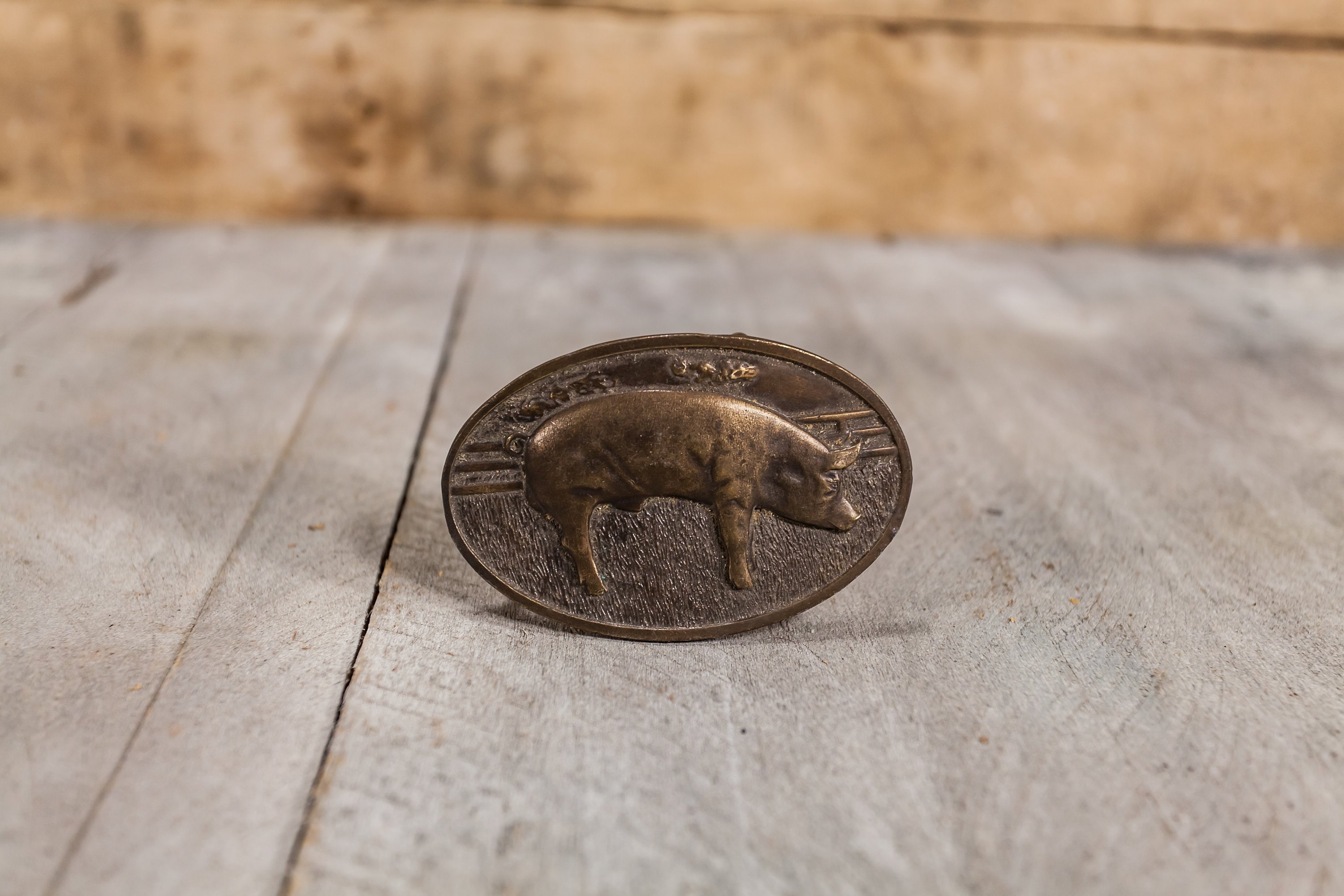 Vintage 1970s Brass Pig Belt Buckle Hog Boar Farm Animal Western