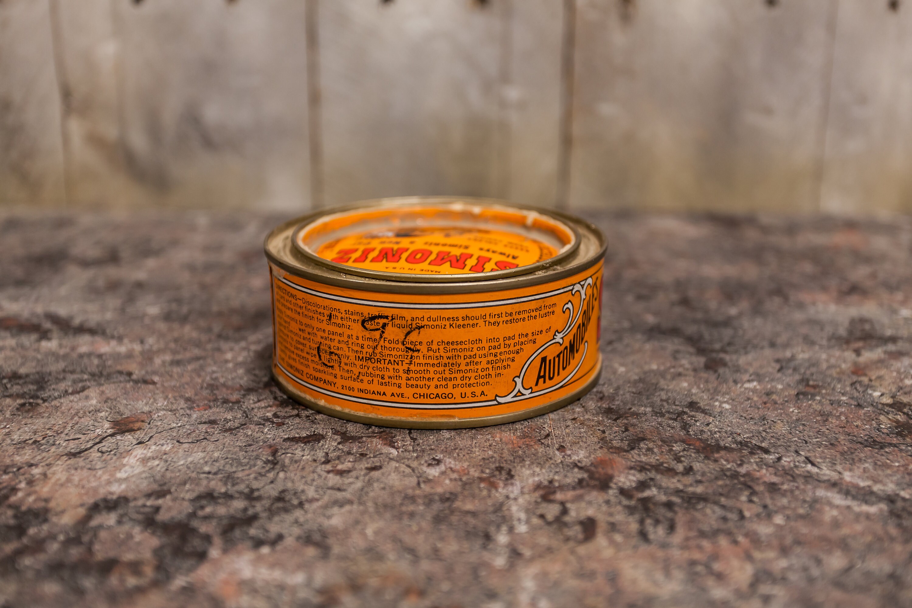 Vintage Simoniz Tin Furniture Polish Car Wax Orange Red Advertising Can