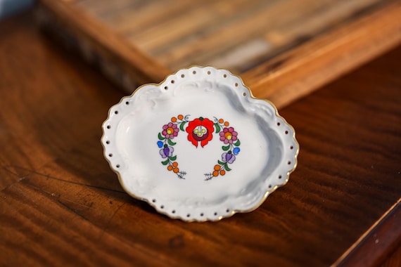 Vintage Kalocsa Porcelain Trinket Ring Dish Handpainted Made in Hungary Folk Art Floral Home Decor Entry Table