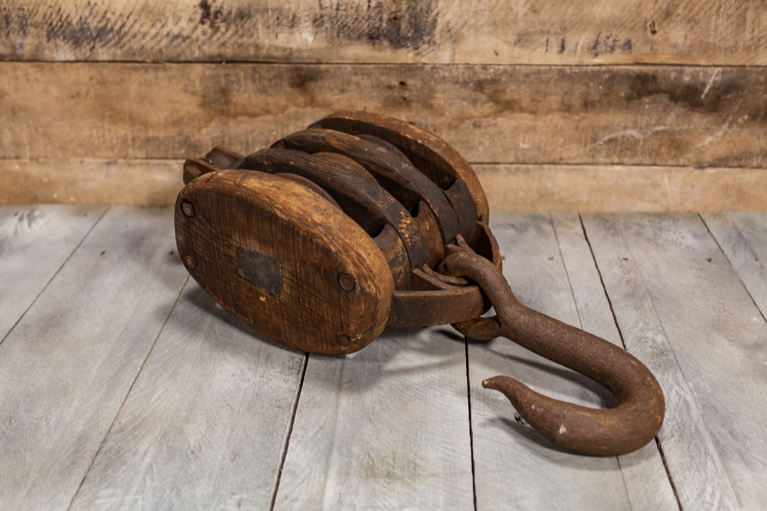 Vintage Large Triple Wooden Pulley Rustic Primitive Barn Pulley Iron