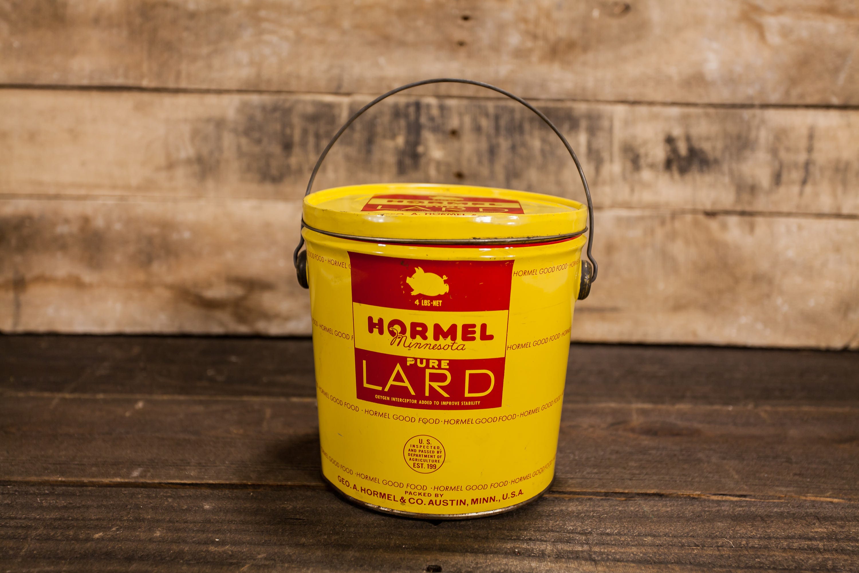 Vintage Hormel Pure Lard 4lbs Tin Red Yellow Kitchen Country Decor Advertising Container Storage