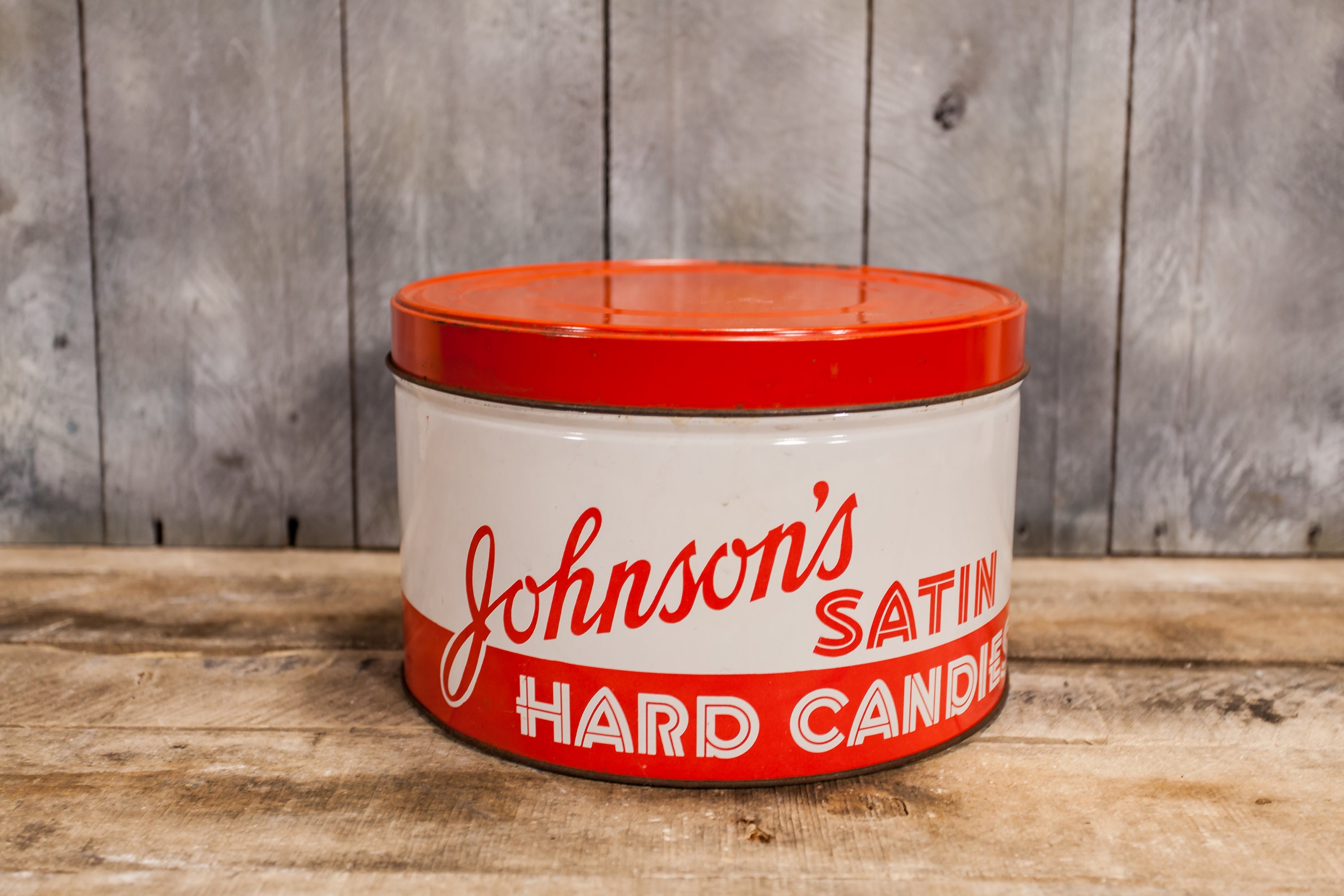 Vintage Johnson's Satin Hard Candies Tin Red White Kitchen Country