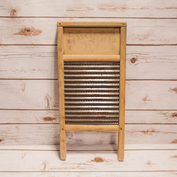 Vintage Busy Bee No. 16 Washboard Wood Metal Farmhouse Washboard Advertising Country Laundry Decor